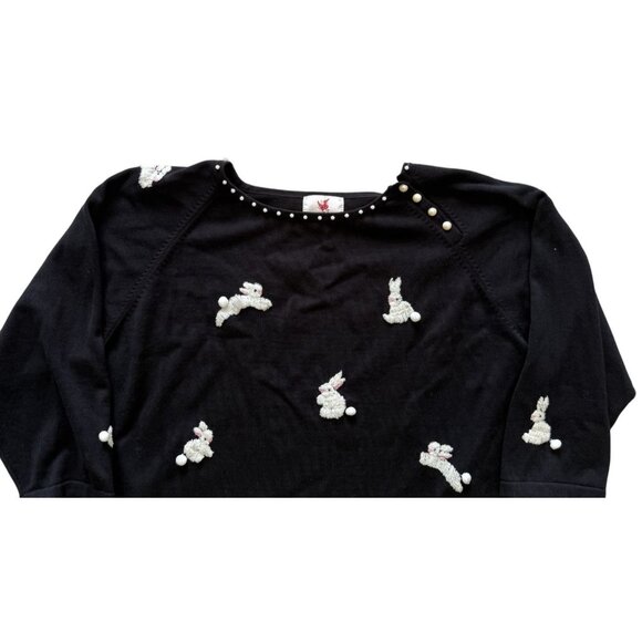 Quacker Factory Black Sweater Snow Bunnies Puffy CottonTails Faux Pearl   XL - Picture 2 of 7